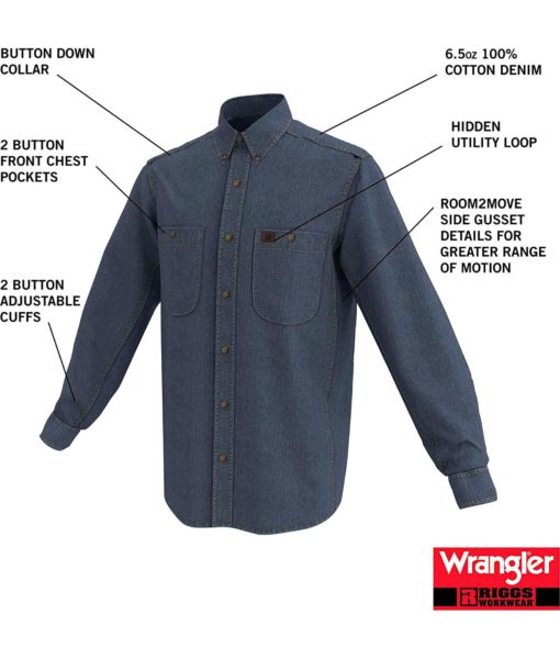 View 5 of 5 Wrangler Mens Denim Work Shirt in Antique Navy