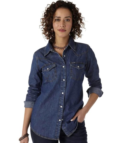 View 1 of 4 Wrangler Women's Retro Long Sleeve Western Snap Shirt in Dark Denim