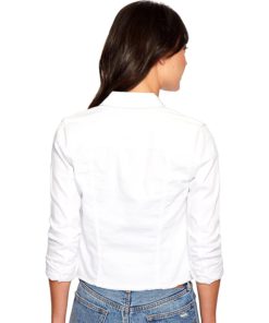 View 3 of 3 KUT From The Kloth Kara Jean Jacket for Women - Raw Hem with Distressed Details, Button Closure, and Spread CollarOptic White LG One Size