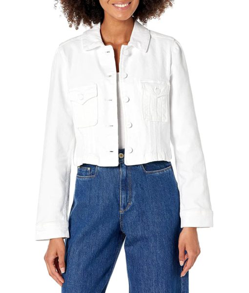 View 1 of 2 PAIGE Women's Pacey Cropped Denim Jacket in Crisp White