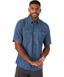 View 1 of 3 Wrangler Authentics Weather Anything Short Sleeve Woven Shirt in Mid Wash
