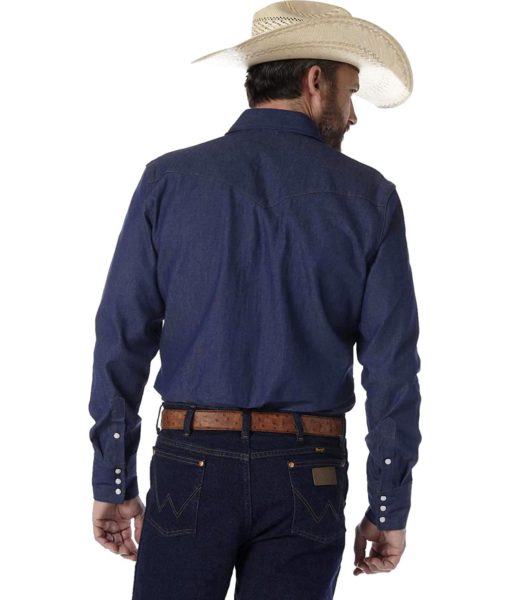 View 2 of 4 Wrangler Men's Authentic Cowboy Cut Work Western Shirt in Rigid Indigo Denim