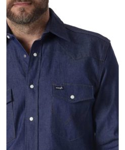 View 3 of 4 Wrangler Men's Authentic Cowboy Cut Work Western Shirt in Rigid Indigo Denim