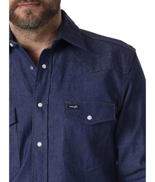 View 3 of 4 Wrangler Men's Authentic Cowboy Cut Work Western Shirt in Rigid Indigo Denim