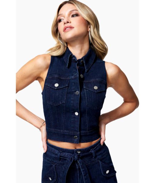 View 1 of 4 Bebe Button Front Denim Vest in Dark Blue