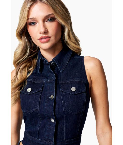 View 4 of 4 Bebe Button Front Denim Vest in Dark Blue