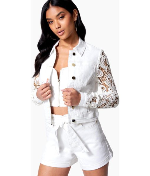 View 1 of 4 Bebe Crochet Sleeve Denim Jacket in White