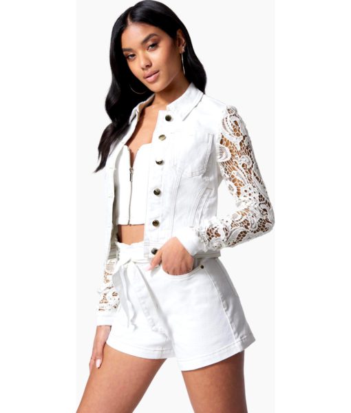 View 2 of 4 Bebe Crochet Sleeve Denim Jacket in White