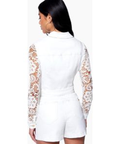 View 3 of 4 Bebe Crochet Sleeve Denim Jacket in White