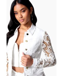 View 4 of 4 Bebe Crochet Sleeve Denim Jacket in White