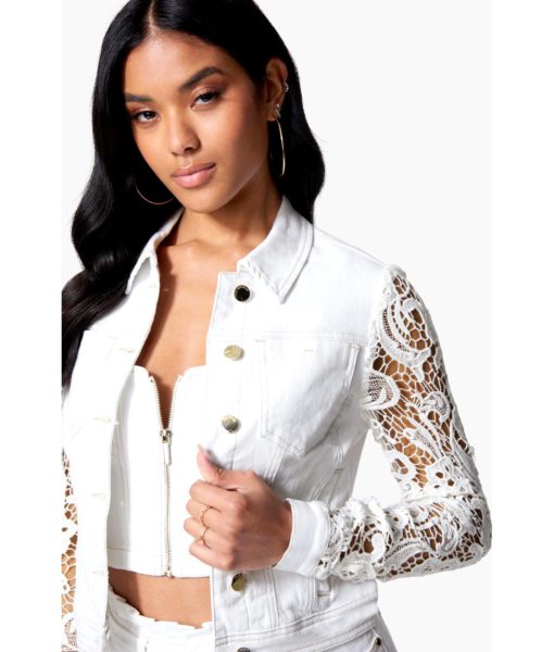 View 4 of 4 Bebe Crochet Sleeve Denim Jacket in White