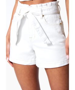 View 4 of 4 Bebe High Waist Paperbag Denim Short in White