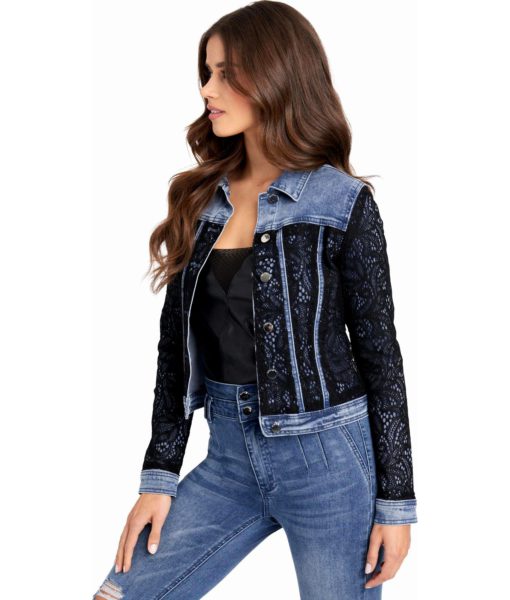 View 2 of 4 Bebe Lace Detail Denim Jacket in Blue