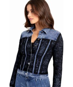 View 4 of 4 Bebe Lace Detail Denim Jacket in Blue