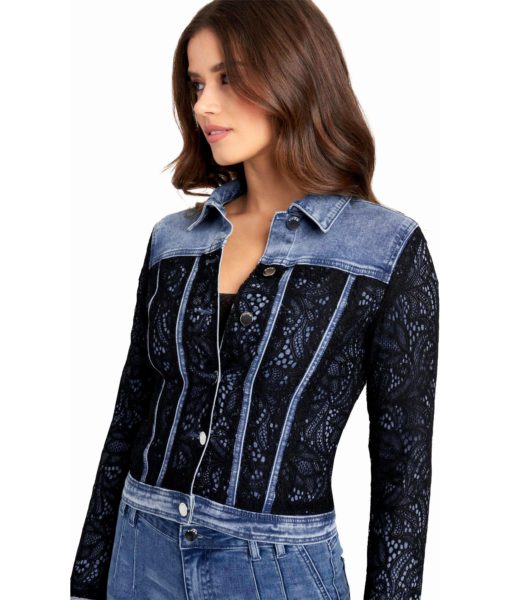 View 4 of 4 Bebe Lace Detail Denim Jacket in Blue