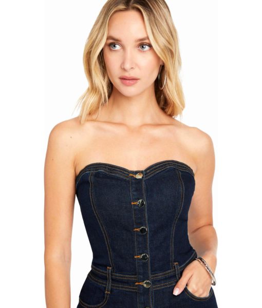 View 4 of 4 Bebe Sweetheart Denim Jumpsuit in Blue